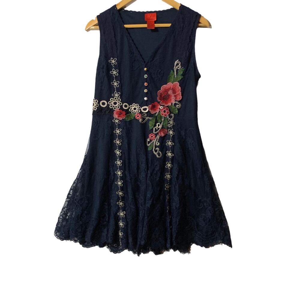 V Cristina M Lace/Embroidery/Scalloped Dark Blue Dress sz M